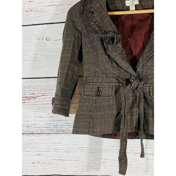 Ann Taylor Loft Blazer Jacket Sz 10 Petite Coat Button Front Brown Plaid Short - Picture 5 of 12